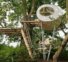 Эллипсовидный домик в лесу на шестиметровых опорах